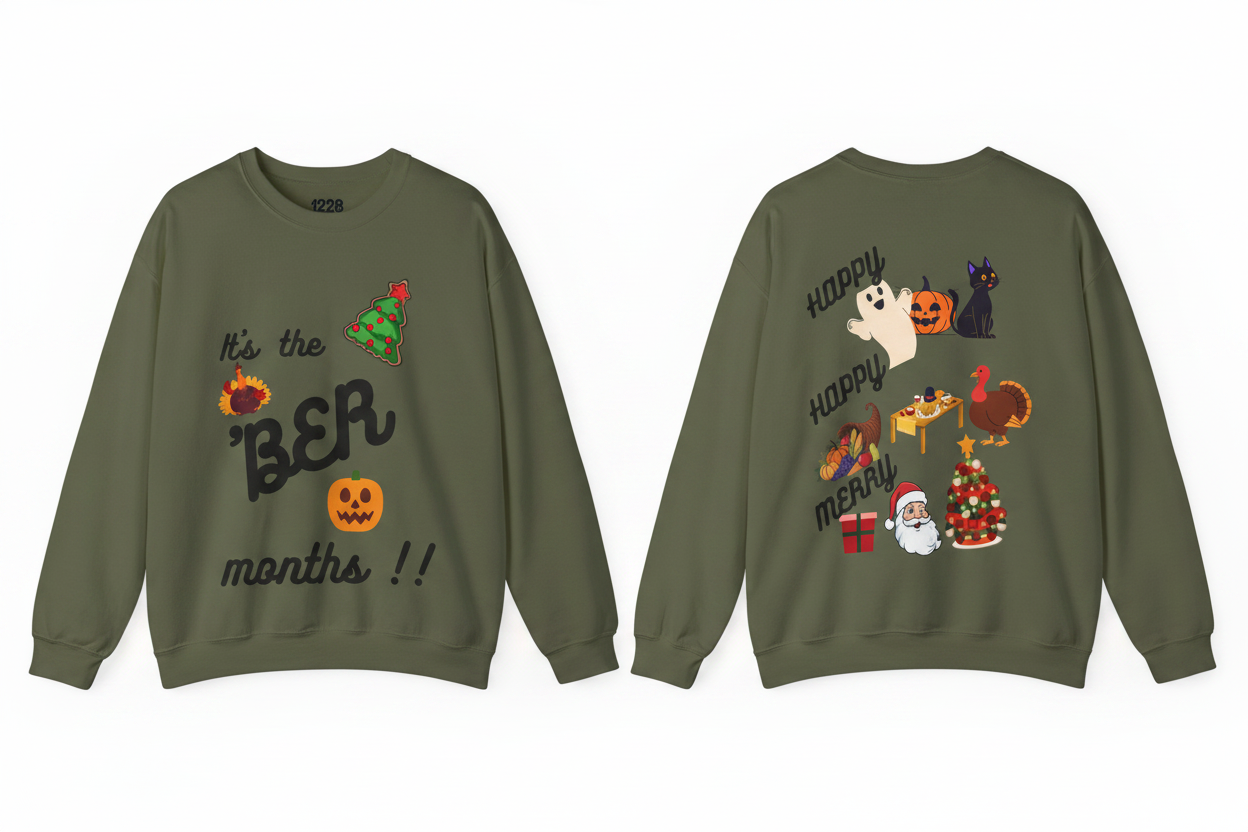 It's the 'Ber Months Military Green Crewneck Front & Back